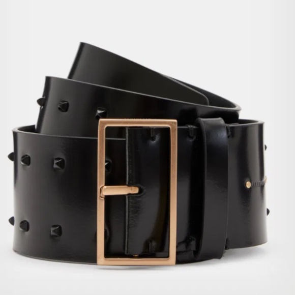 NWT Allsaints Maxie Studded Wide Leather Belt in Black XXS - Picture 1 of 8